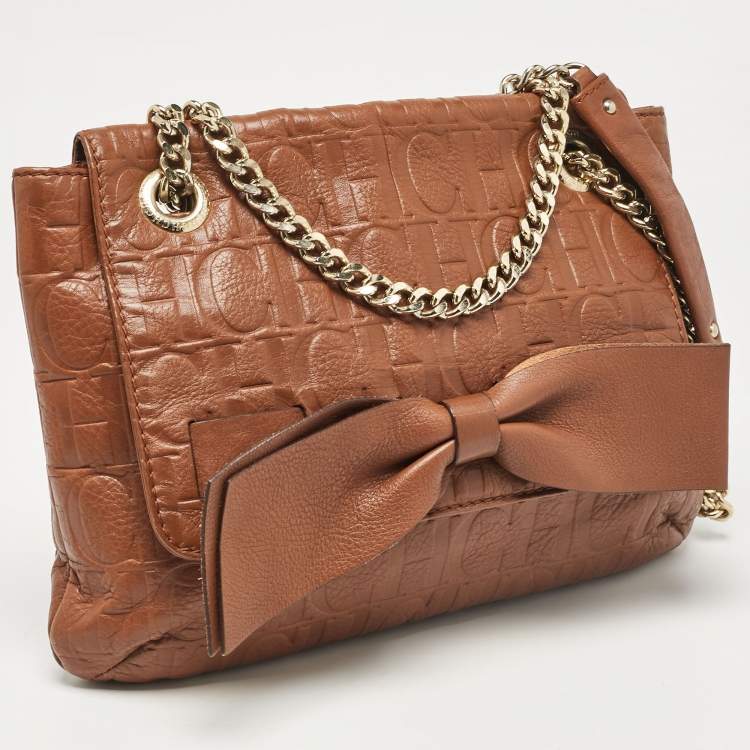Pre Owned Carolina Herrera Brown Monogram Leather Audrey Shoulder Bag