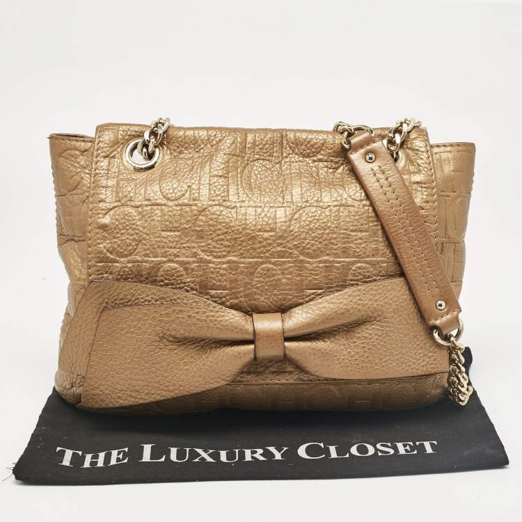 Pre Owned Carolina Herrera Gold Monogram Leather Audrey Shoulder Bag