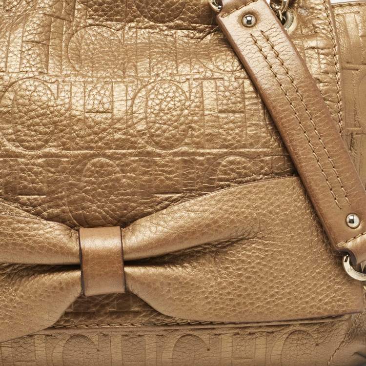 Pre Owned Carolina Herrera Gold Monogram Leather Audrey Shoulder Bag