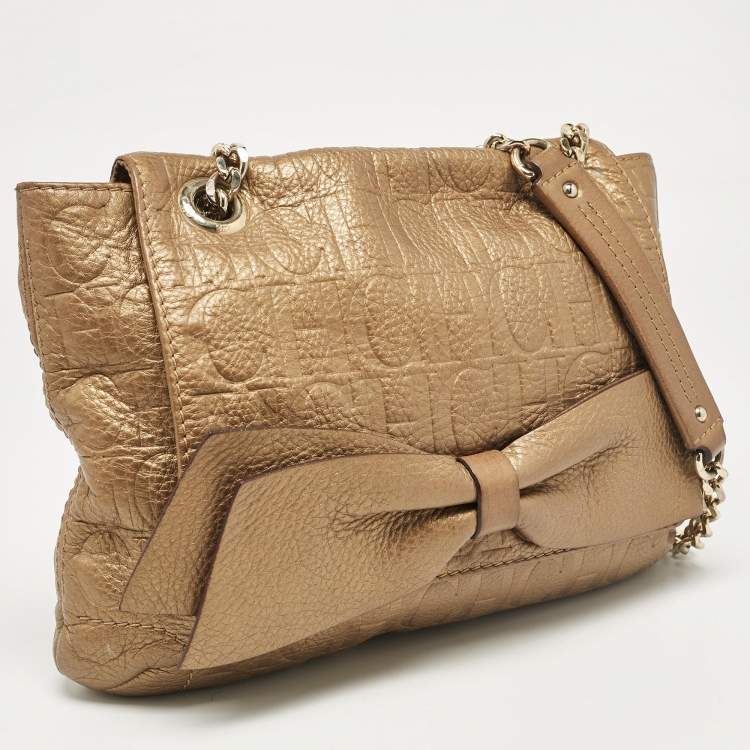 Pre Owned Carolina Herrera Gold Monogram Leather Audrey Shoulder Bag