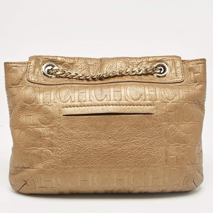 Pre Owned Carolina Herrera Gold Monogram Leather Audrey Shoulder Bag