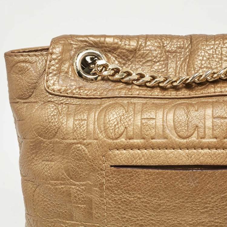Pre Owned Carolina Herrera Gold Monogram Leather Audrey Shoulder Bag
