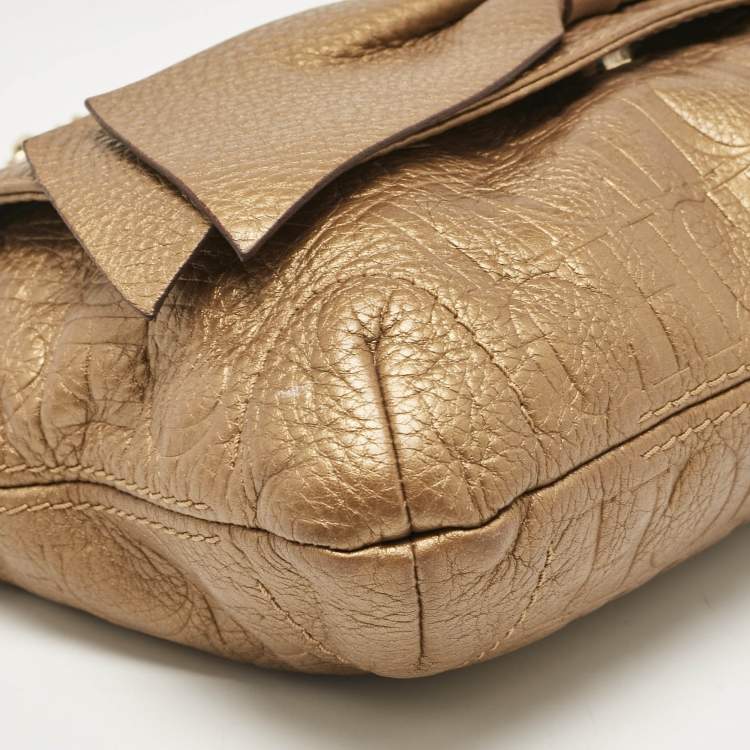 Pre Owned Carolina Herrera Gold Monogram Leather Audrey Shoulder Bag