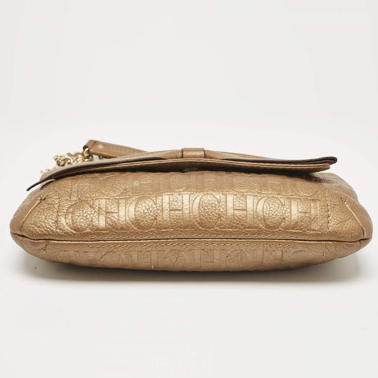 Pre Owned Carolina Herrera Gold Monogram Leather Audrey Shoulder Bag