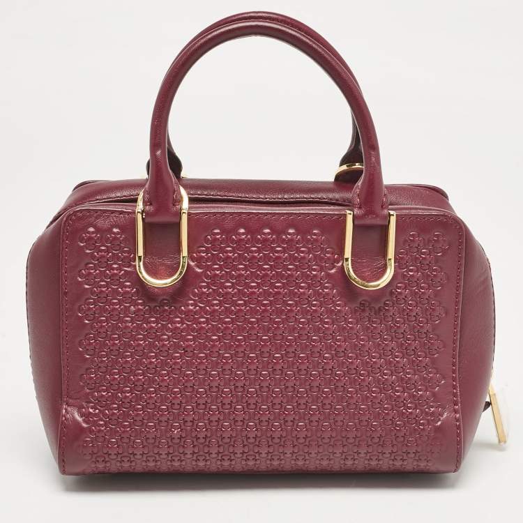 Pre Owned Carolina Herrera Burgundy Embossed Leather Micro Duke Bag