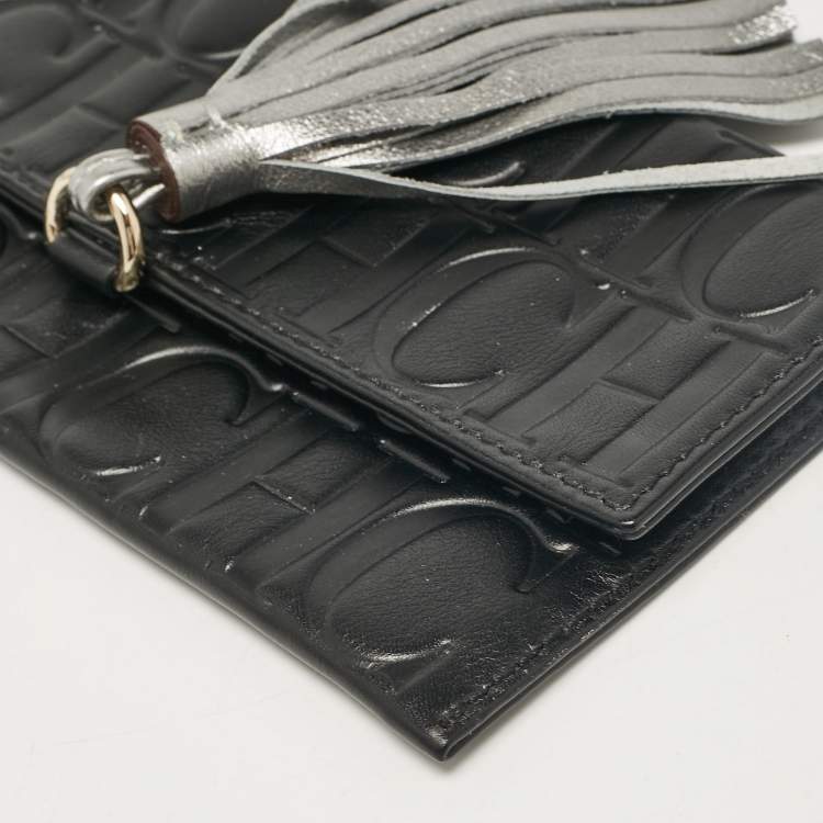 Pre Owned Carolina Herrera Black Monogram Embossed Leather Tassel Clutch