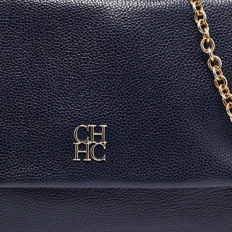 Pre Owned Carolina Herrera Navy Blue Leather Leather Minuetto Top Handle Bag