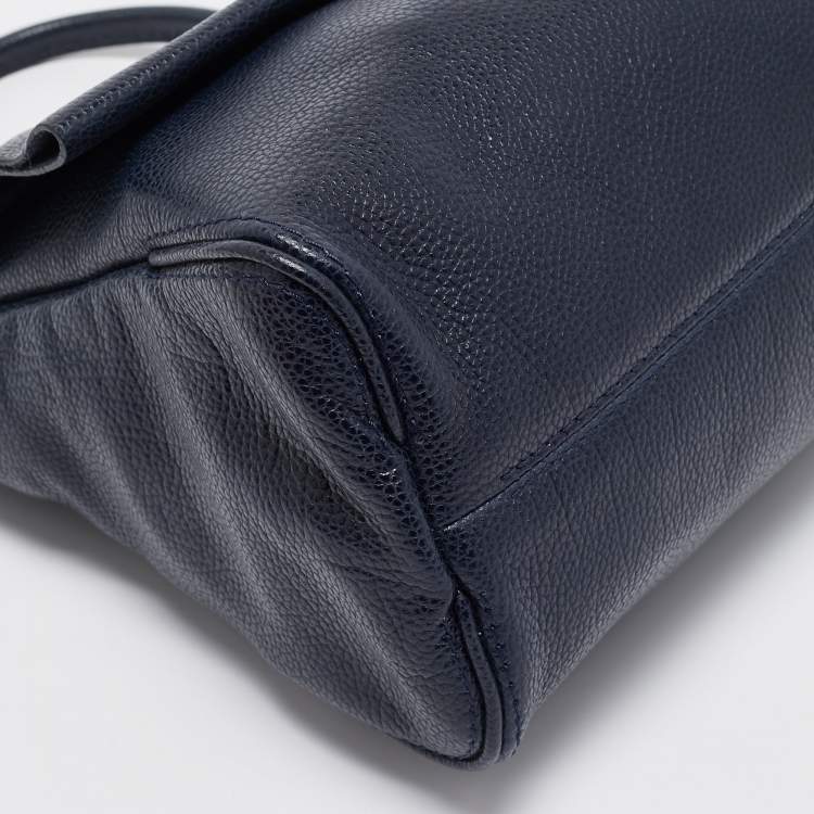 Pre Owned Carolina Herrera Navy Blue Leather Leather Minuetto Top Handle Bag