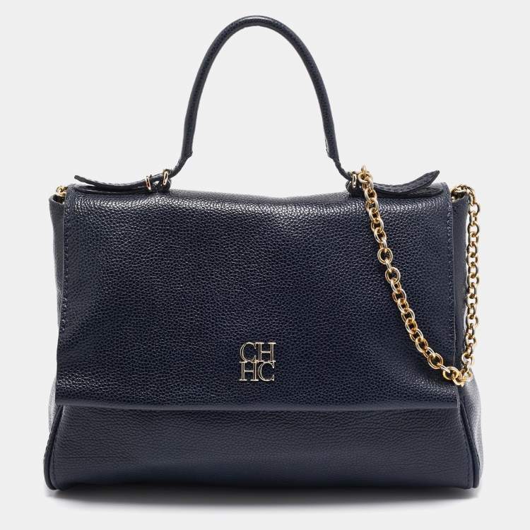Pre Owned Carolina Herrera Navy Blue Leather Leather Minuetto Top Handle Bag
