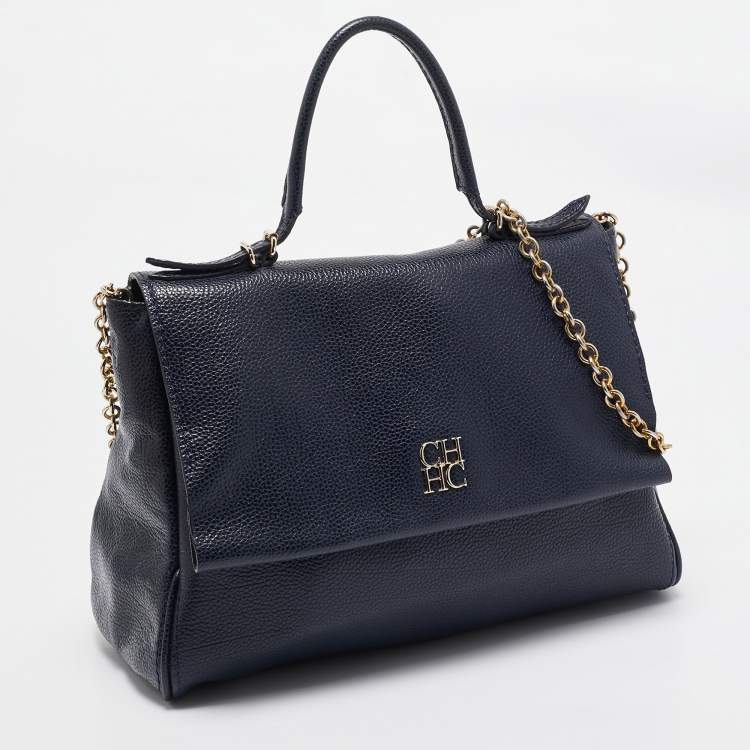 Pre Owned Carolina Herrera Navy Blue Leather Leather Minuetto Top Handle Bag