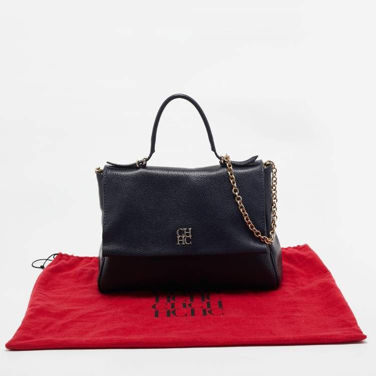 Pre Owned Carolina Herrera Navy Blue Leather Leather Minuetto Top Handle Bag