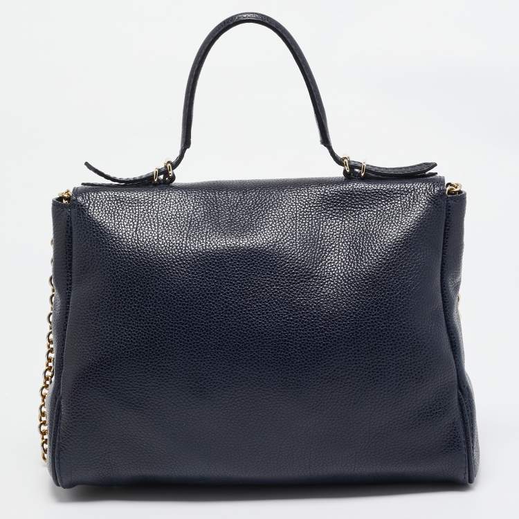 Pre Owned Carolina Herrera Navy Blue Leather Leather Minuetto Top Handle Bag