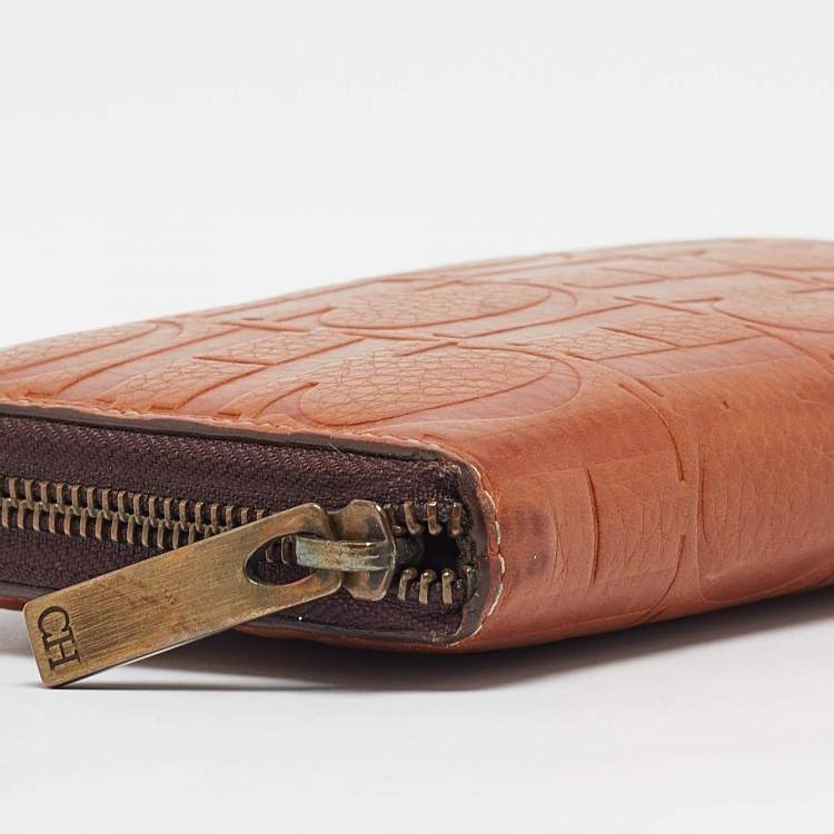 Pre Owned Carolina Herrera Brown Monogram Embossed Leather Zip Continental Wallet