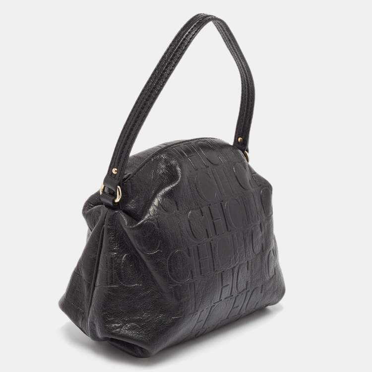 Pre Owned Carolina Herrera Black Monogram Embossed Leather Satchel