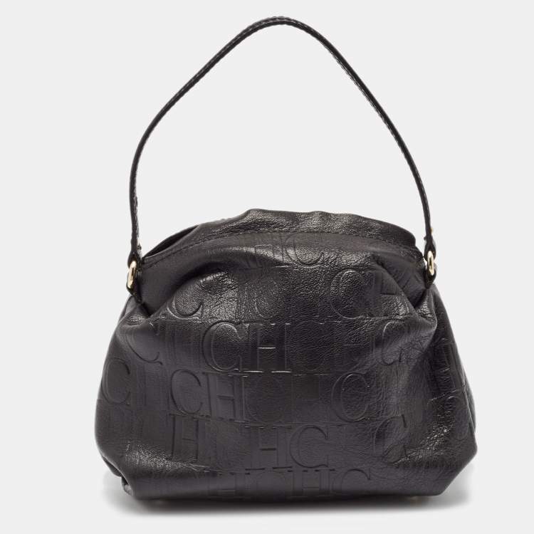 Pre Owned Carolina Herrera Black Monogram Embossed Leather Satchel