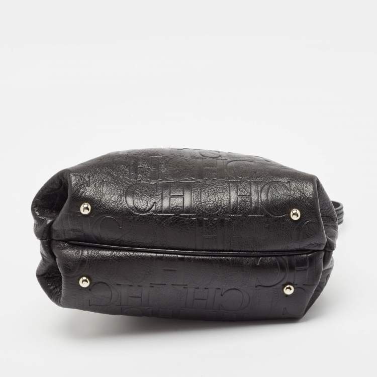 Pre Owned Carolina Herrera Black Monogram Embossed Leather Satchel