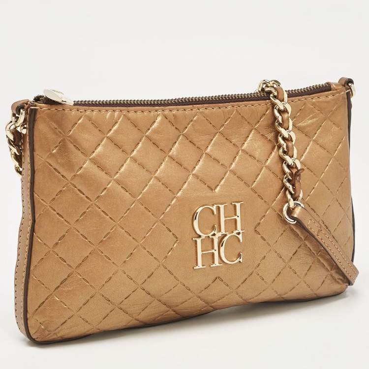 Pre Owned Carolina Herrera Gold Leather Logo Chain Shoulder Bag