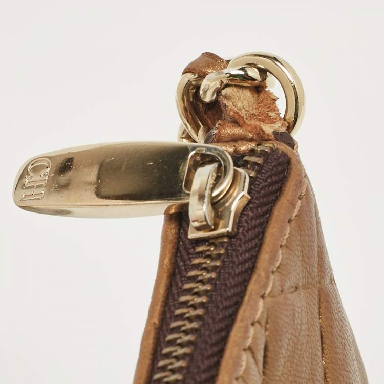 Pre Owned Carolina Herrera Gold Leather Logo Chain Shoulder Bag