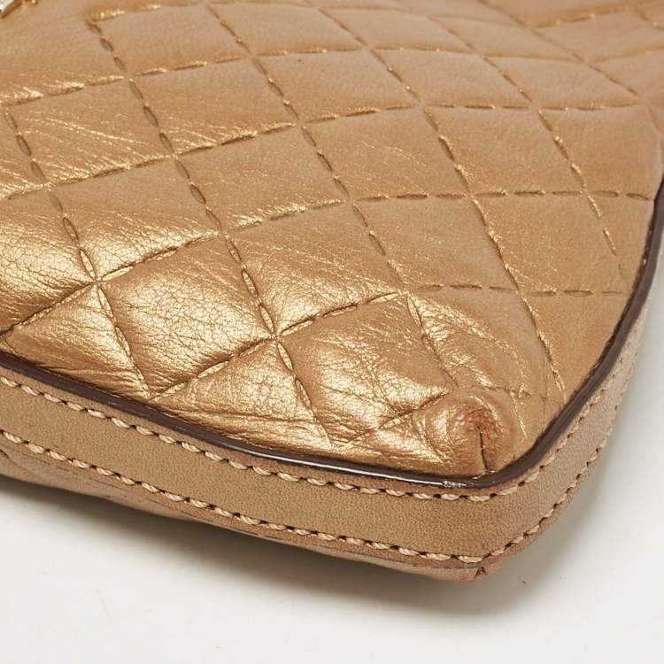 Pre Owned Carolina Herrera Gold Leather Logo Chain Shoulder Bag