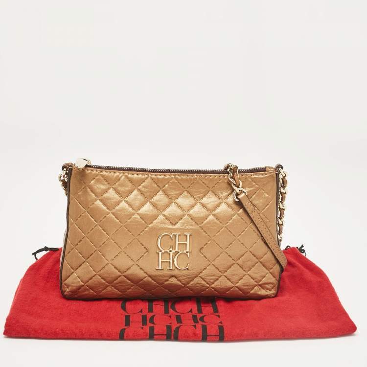 Pre Owned Carolina Herrera Gold Leather Logo Chain Shoulder Bag