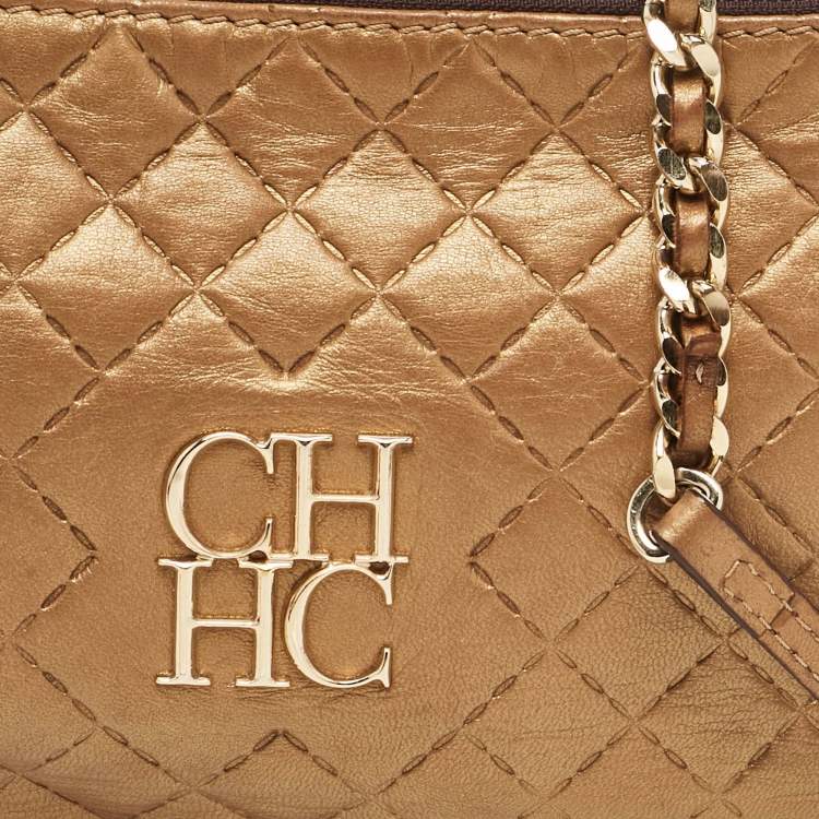 Pre Owned Carolina Herrera Gold Leather Logo Chain Shoulder Bag