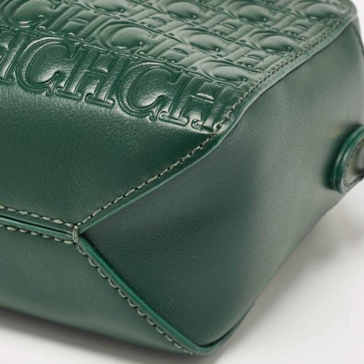 Pre Owned Carolina Herrera Green Monogram Embossed Leather Camera Crossbody Bag