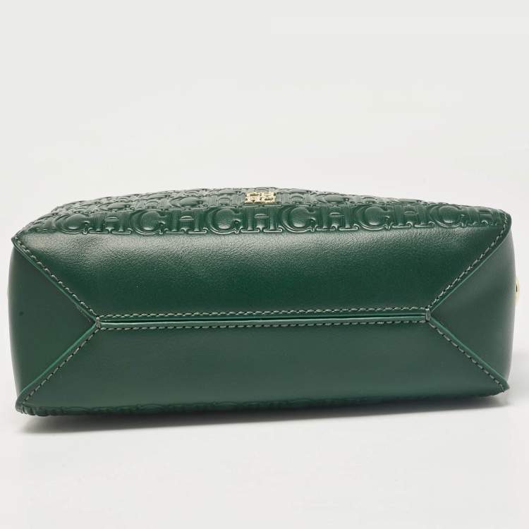 Pre Owned Carolina Herrera Green Monogram Embossed Leather Camera Crossbody Bag