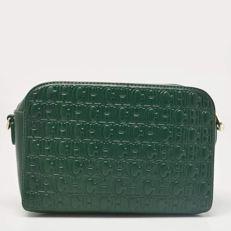 Pre Owned Carolina Herrera Green Monogram Embossed Leather Camera Crossbody Bag