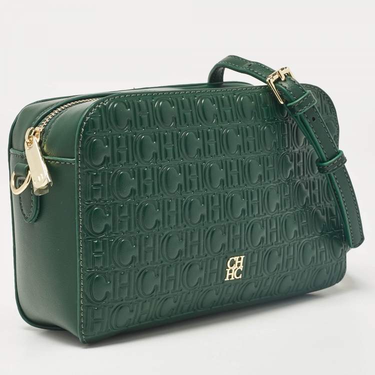 Pre Owned Carolina Herrera Green Monogram Embossed Leather Camera Crossbody Bag