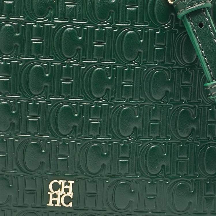 Pre Owned Carolina Herrera Green Monogram Embossed Leather Camera Crossbody Bag