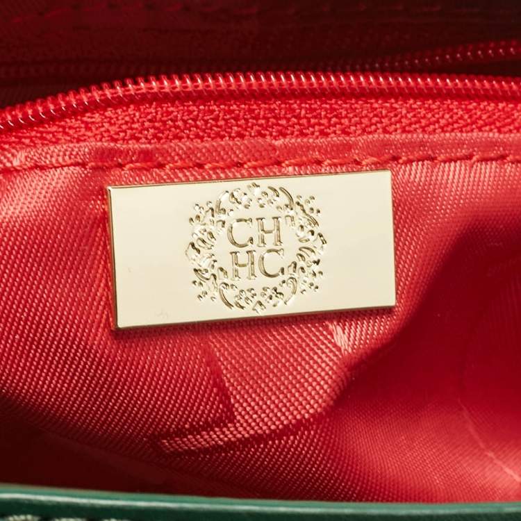 Pre Owned Carolina Herrera Green Monogram Embossed Leather Camera Crossbody Bag