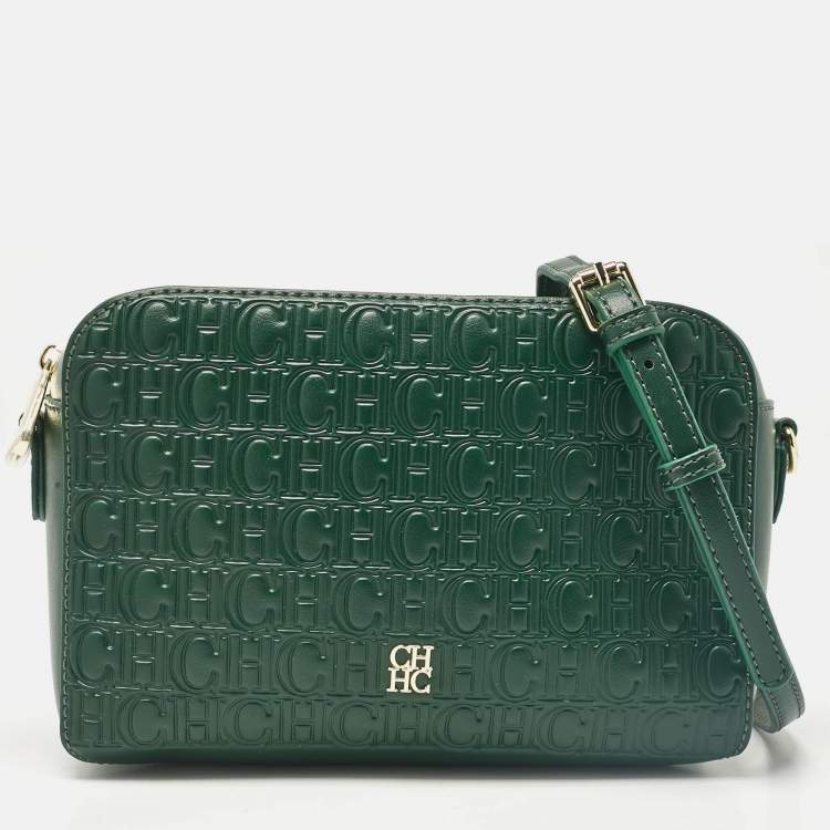 Pre Owned Carolina Herrera Green Monogram Embossed Leather Camera Crossbody Bag