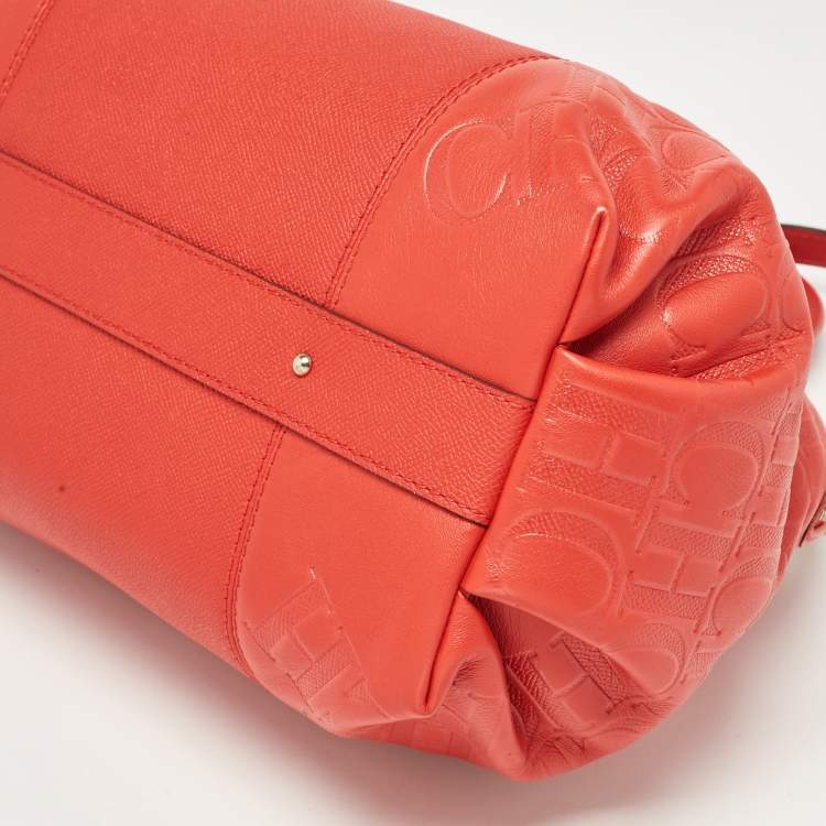 Pre Owned CH Carolina Herrera Red Monogram Leather Dahlia Satchel