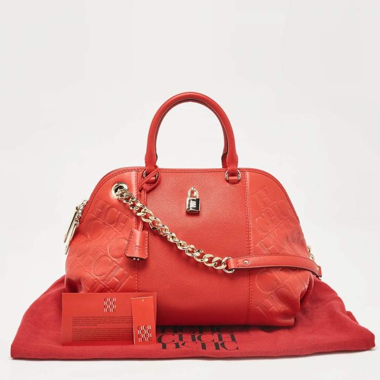 Pre Owned CH Carolina Herrera Red Monogram Leather Dahlia Satchel