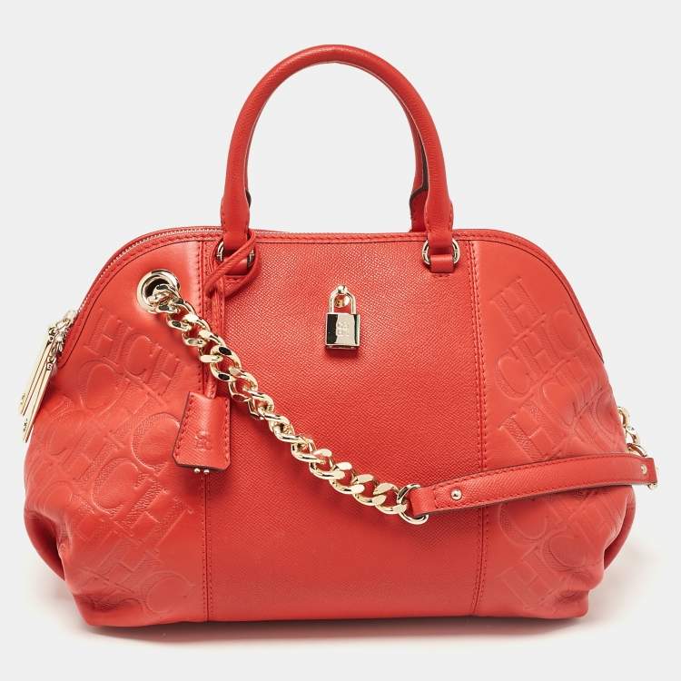 Pre Owned CH Carolina Herrera Red Monogram Leather Dahlia Satchel