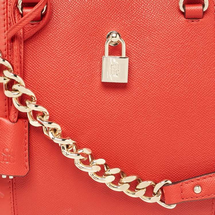Pre Owned CH Carolina Herrera Red Monogram Leather Dahlia Satchel