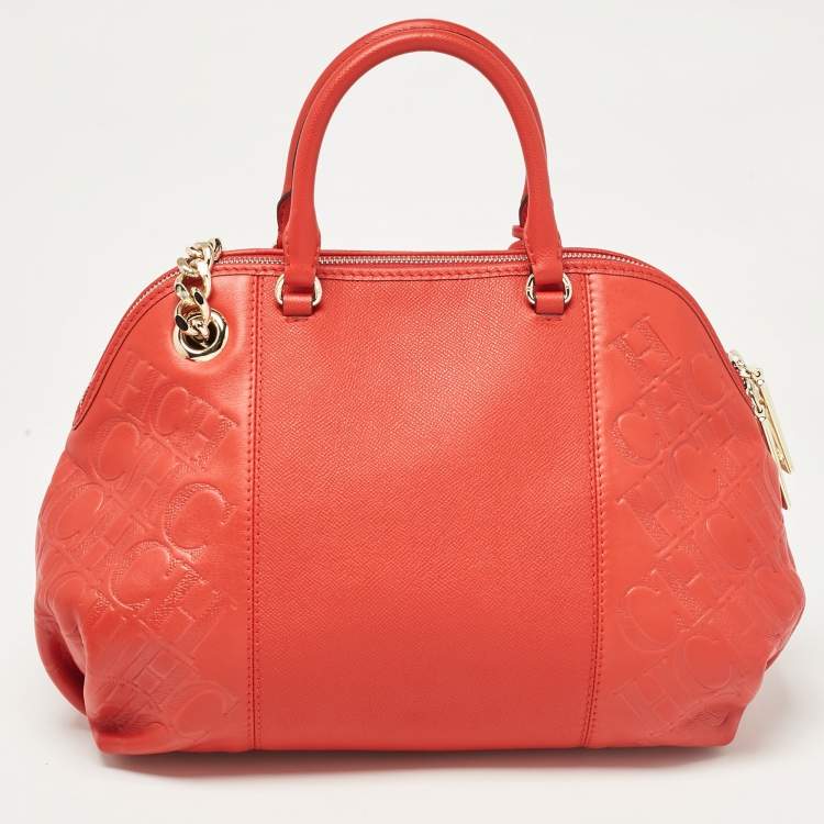 Pre Owned CH Carolina Herrera Red Monogram Leather Dahlia Satchel