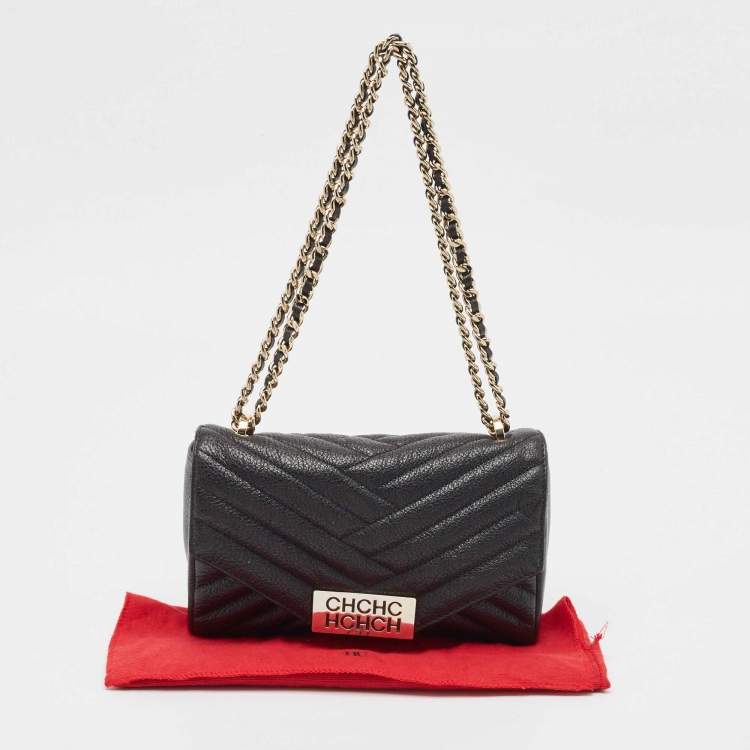 Pre Owned Carolina Herrera Black Chevron Leather Bimba Flap Shoulder Bag