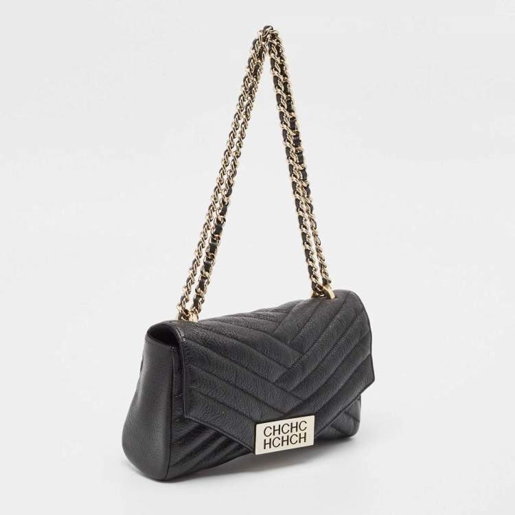 Pre Owned Carolina Herrera Black Chevron Leather Bimba Flap Shoulder Bag
