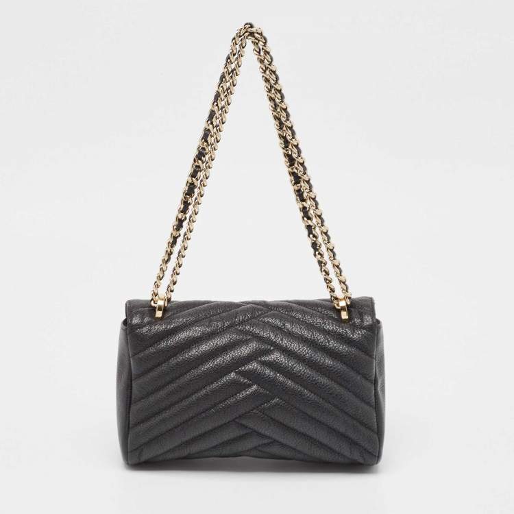 Pre Owned Carolina Herrera Black Chevron Leather Bimba Flap Shoulder Bag
