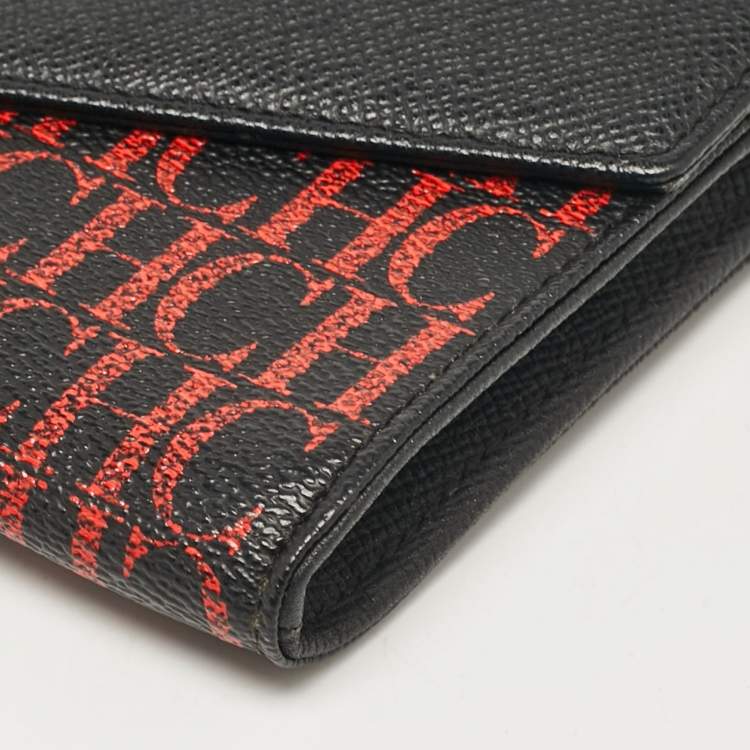 Pre Owned Carolina Herrera Black/Gold Monogram Coated Canvas and Leather Envelope Flap Clutch