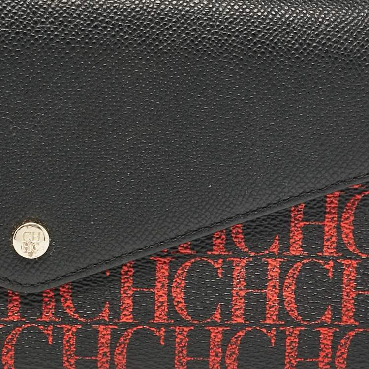 Pre Owned Carolina Herrera Black/Gold Monogram Coated Canvas and Leather Envelope Flap Clutch