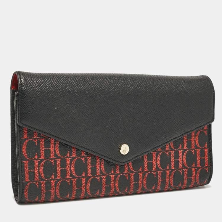 Pre Owned Carolina Herrera Black/Gold Monogram Coated Canvas and Leather Envelope Flap Clutch