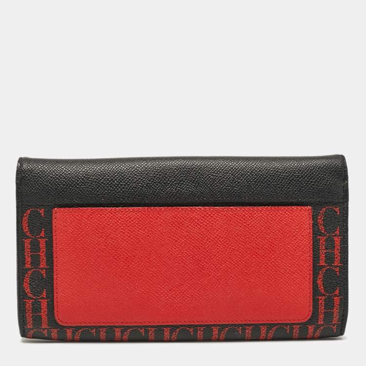 Pre Owned Carolina Herrera Black/Gold Monogram Coated Canvas and Leather Envelope Flap Clutch