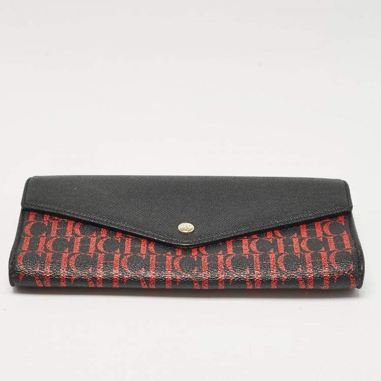 Pre Owned Carolina Herrera Black/Gold Monogram Coated Canvas and Leather Envelope Flap Clutch