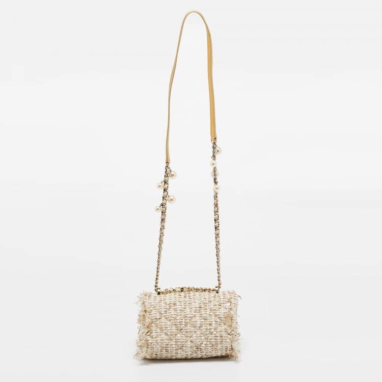 Pre Owned Carolina Herrera Gold/White Woven Fabric and Crystals Logo Flap Shoulder Bag