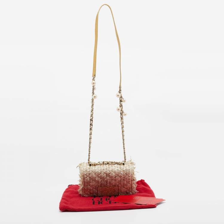 Pre Owned Carolina Herrera Gold/White Woven Fabric and Crystals Logo Flap Shoulder Bag