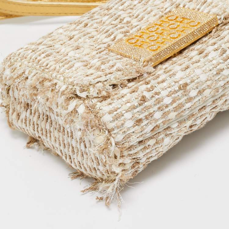 Pre Owned Carolina Herrera Gold/White Woven Fabric and Crystals Logo Flap Shoulder Bag