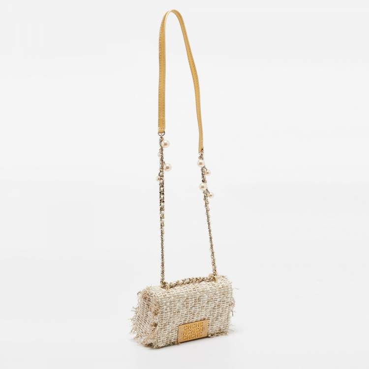 Pre Owned Carolina Herrera Gold/White Woven Fabric and Crystals Logo Flap Shoulder Bag