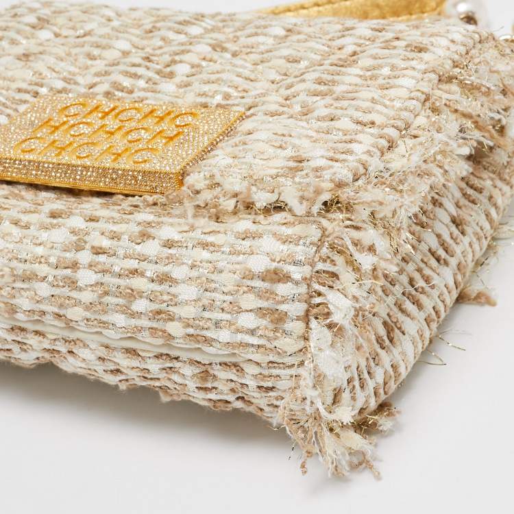 Pre Owned Carolina Herrera Gold/White Woven Fabric and Crystals Logo Flap Shoulder Bag